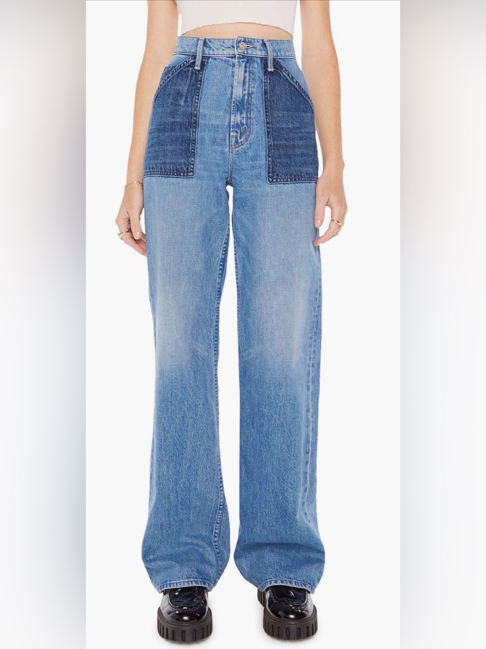 MOTHER Two-Tone Wide-Leg Jeans with Front Patch Pockets - Blue